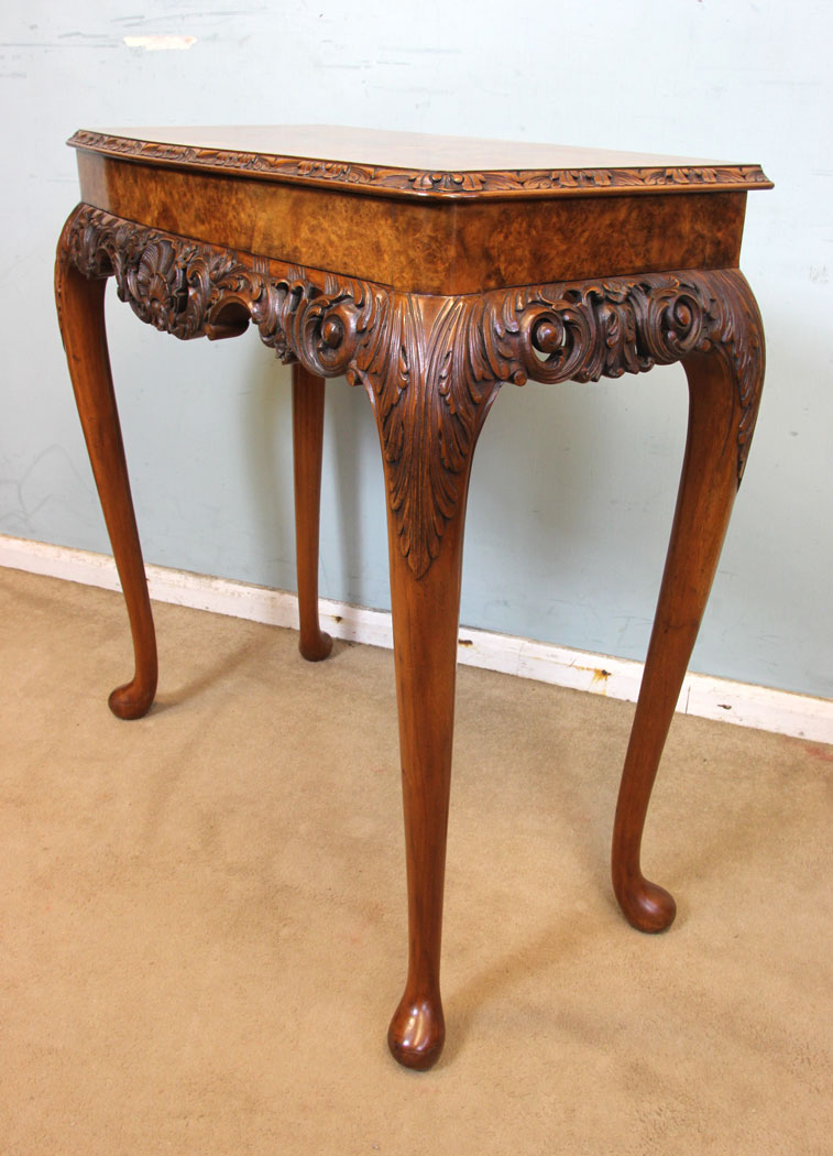 Antique Console Side Hall Table, Antique Queen Anne Style Burr Walnut Side Table