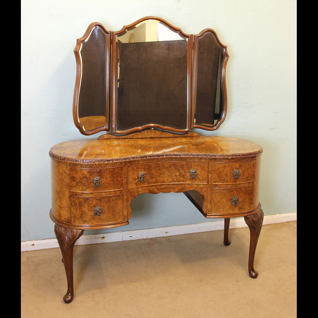 Antique Dressing Table, Antique Burr Walnut Triple Mirror Dressing Table