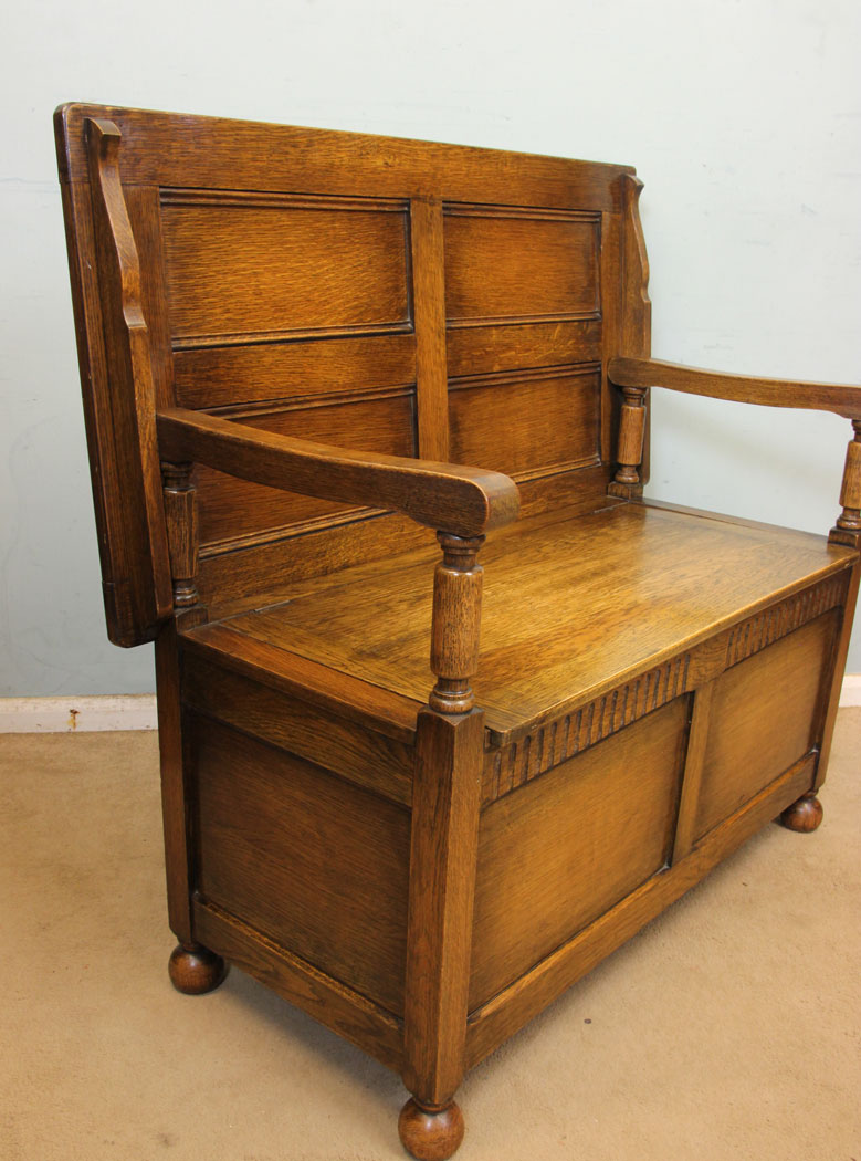 Antique Oak Monks Bench Settle, Antique Oak Monks Bench