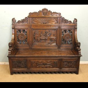 Victorian carved oak settle / monks bench / hall seat