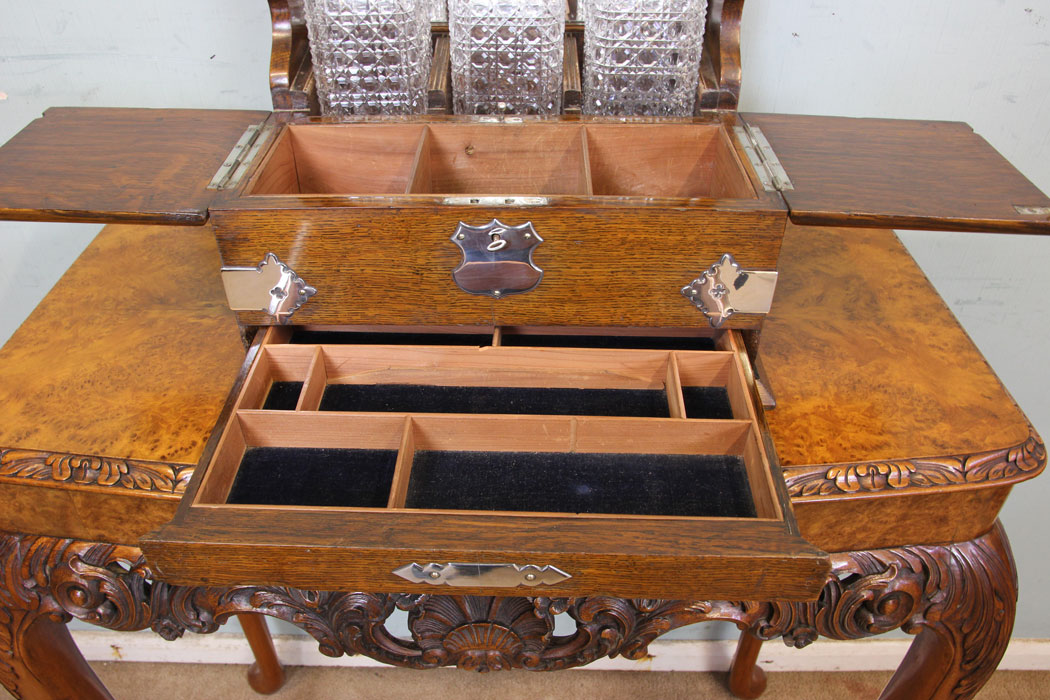 Antique Oak Tantalus London, Antique Oak Case Three Bottle Tantalus