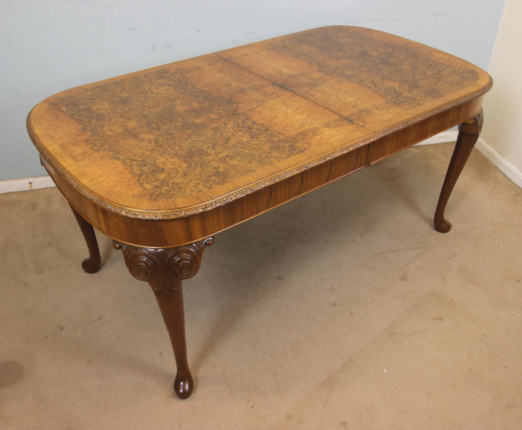 Antique Queen Anne Style Extending Dining Table, . Antique Burr Walnut Queen Anne Style Extending Dining Table.