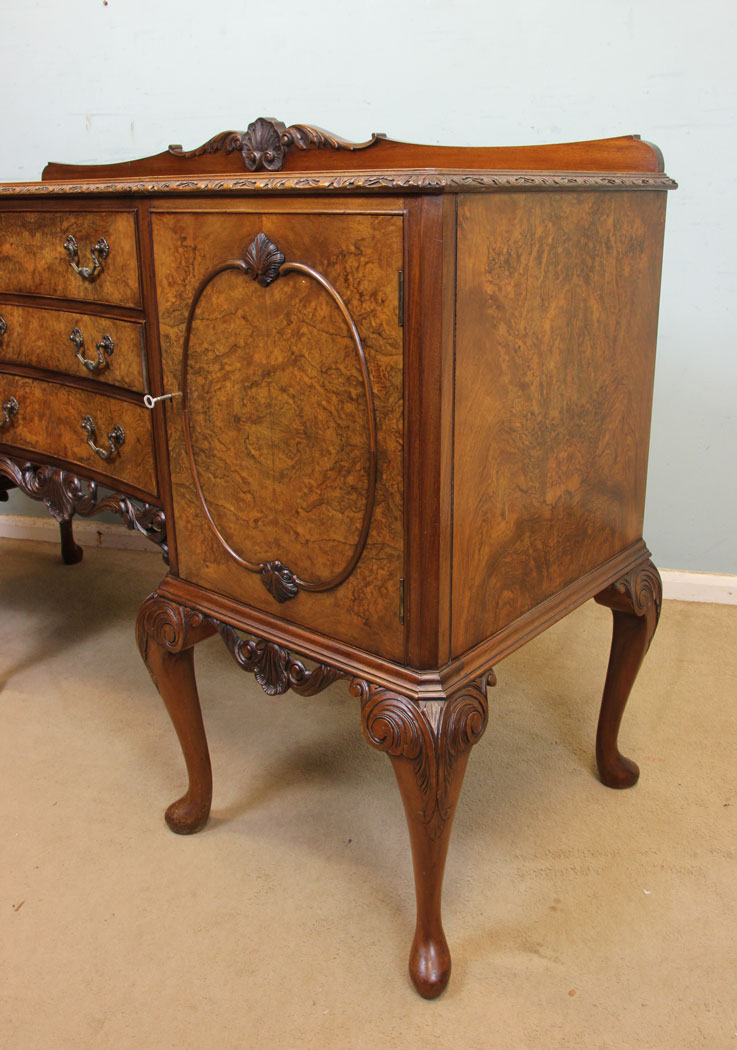 Antique Queen Anne Style Sideboard, Antique Burr Walnut Queen Anne Style Server Sideboard