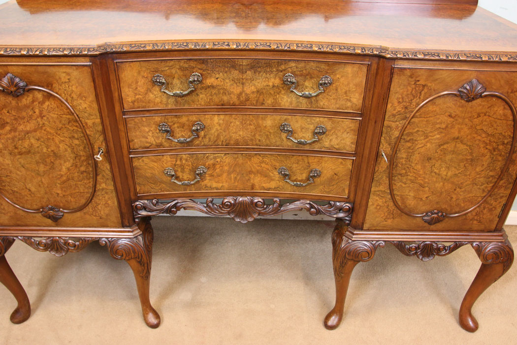 Antique Queen Anne Style Sideboard London, Antique Burr Walnut Queen Anne Style Server Sideboard