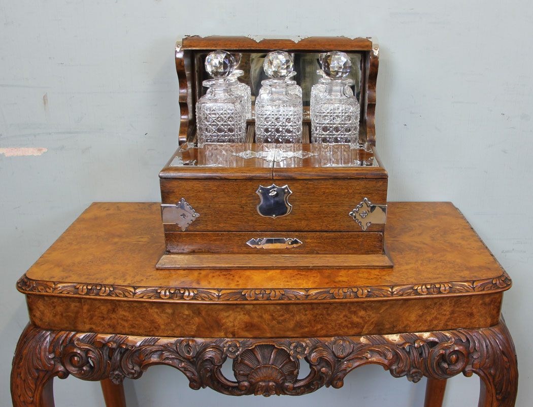Antique Tantalus, London, Antique Oak Case Three Bottle Tantalus