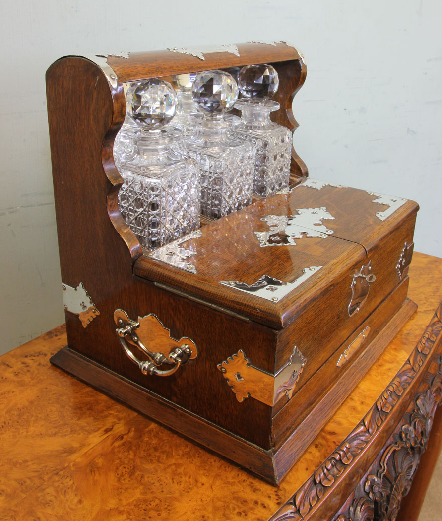 Antique Tantalus Silver plated, Antique Oak Case Three Bottle Tantalus