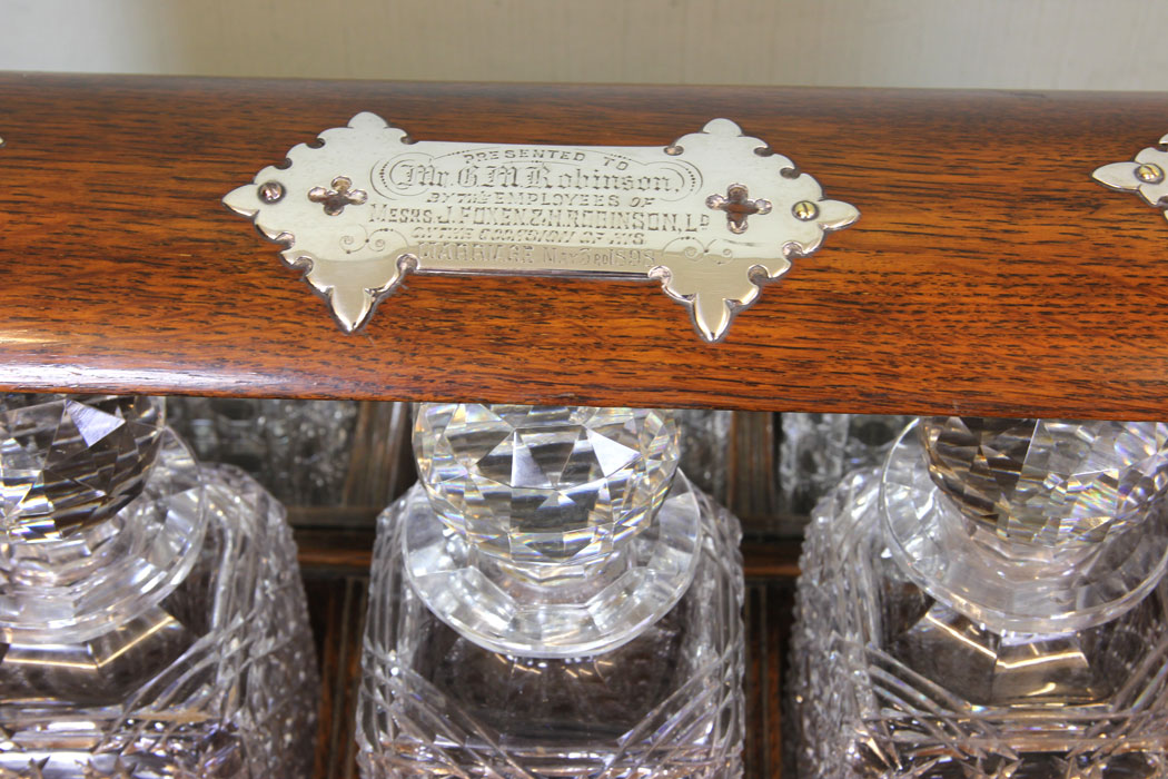 Antique Tantalus, Victorian Antique Oak Case Three Bottle Tantalus