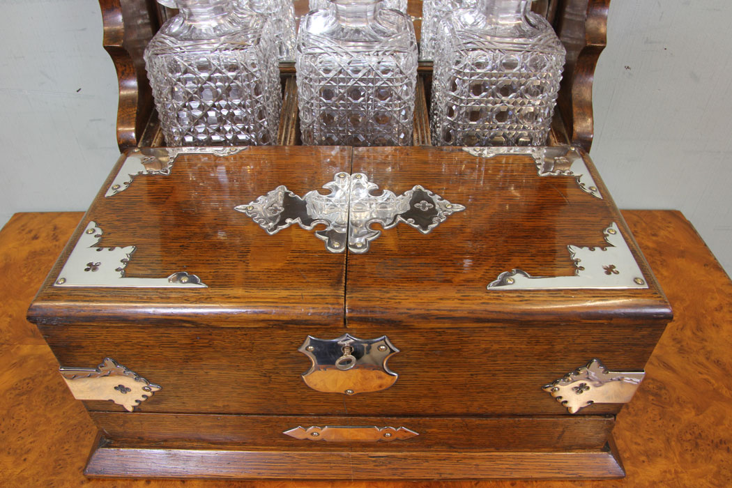 Antique Victorian Oak Tantalus, Antique Oak Case Three Bottle Tantalus