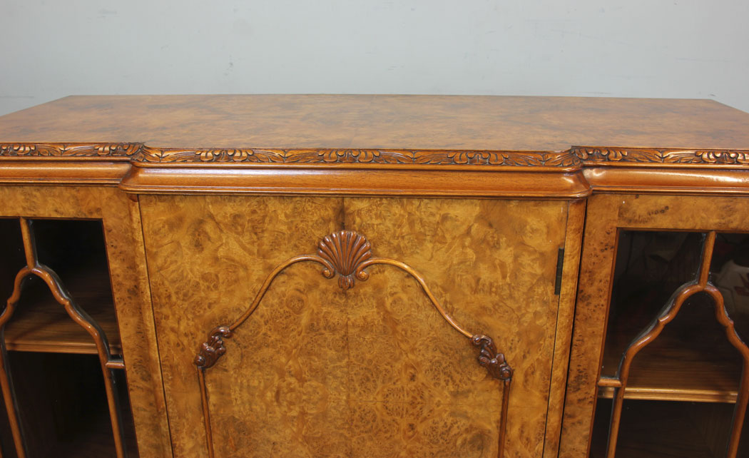 Antique Walnut Bookcase Cabinet, Burr Walnut Bookcase Display Cabinet