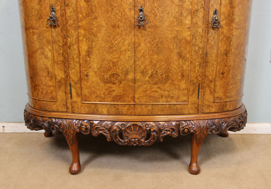 Antique Walnut Bow Front Sideboard Drinks Cabinet, Antique Shaped Burr Walnut Side Cabinet