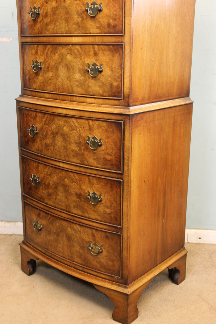 Antique Walnut Chest Drawers, Antique Burr Walnut Chest on Chest