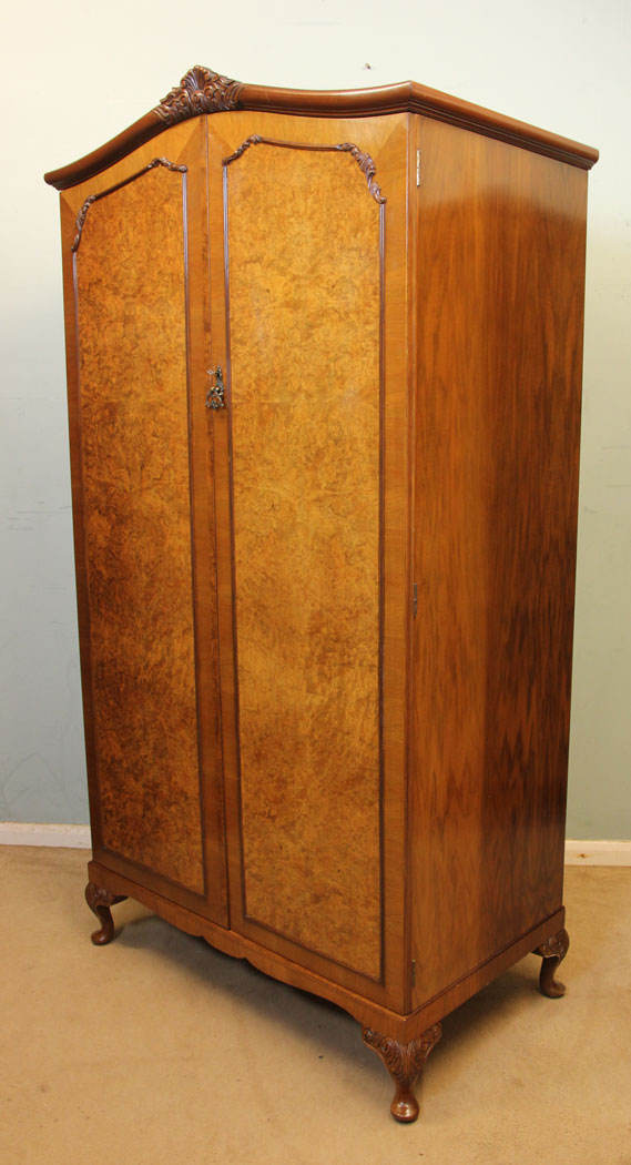 Antique Walnut Hanging Wardrobe, Antique Burr Walnut Double Wardrobe,