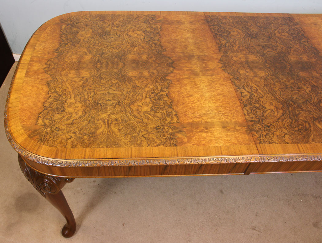 Queen Anne Style Burr Walnut Dining Table, . Antique Burr Walnut Queen Anne Style Extending Dining Table.