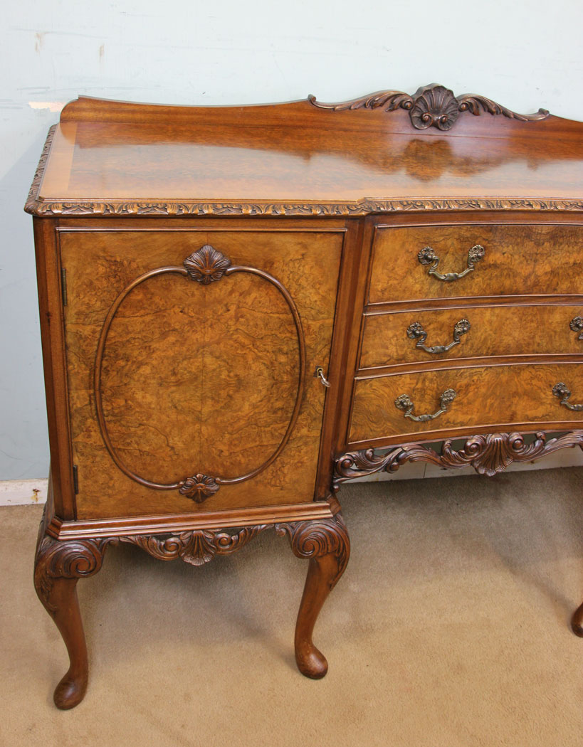 Queen Anne Style Burr Walnut Sideboard, Antique Burr Walnut Queen Anne Style Server Sideboard