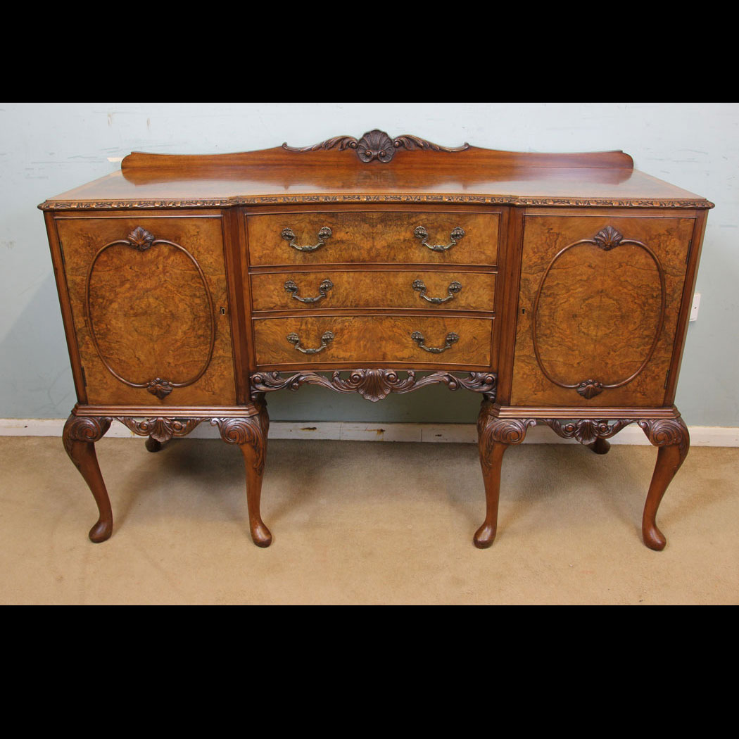 Queen Anne Style Burr Walnut Sideboard Server London, Antique Burr Walnut Queen Anne Style Server Sideboard