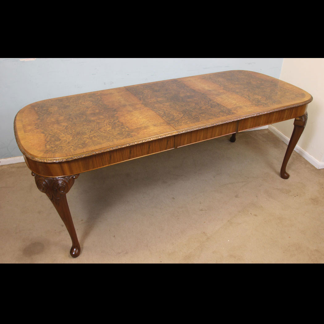 Queen Anne Style Dining Table, Antique Burr Walnut Queen Anne Style Extending Dining Table