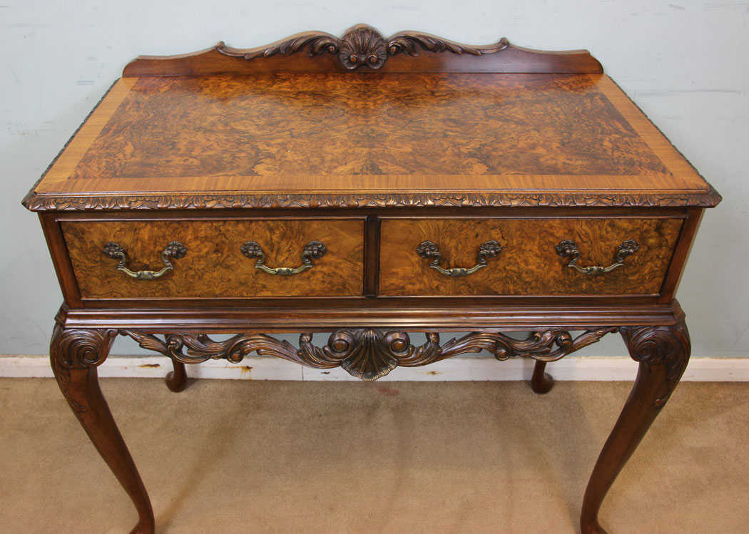 Queen Anne Style Side Table Server, Antique Queen Anne Style Burr Walnut Side Table.