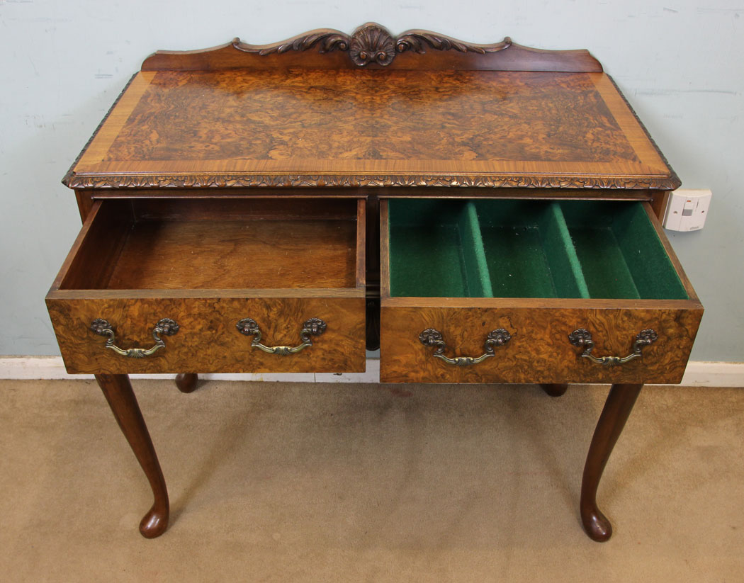 Queen Anne Style Side Table, Server, Antique Queen Anne Style Burr Walnut Side Table.