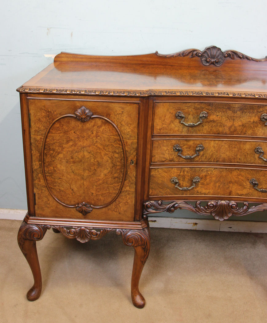 Queen Anne Style Sideboard, Lincolnshire, Antique Burr Walnut Queen Anne Style Server Sideboard