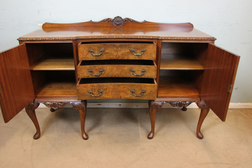 Queen Anne Style Sideboard Server, Antique Burr Walnut Queen Anne Style Server Sideboard