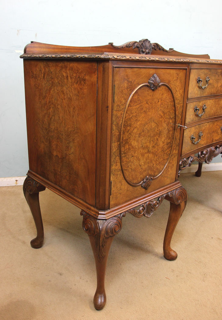 Queen Anne Style Walnut Sideboard, Antique Burr Walnut Queen Anne Style Server Sideboard