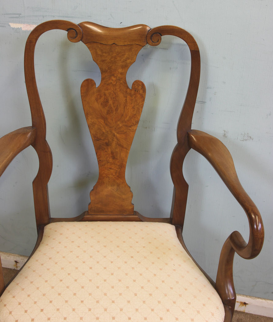 Set 8 Antique Burr Walnut Dining Chairs London, Set of Eight Antique Queen Anne Style Walnut Dining Chairs