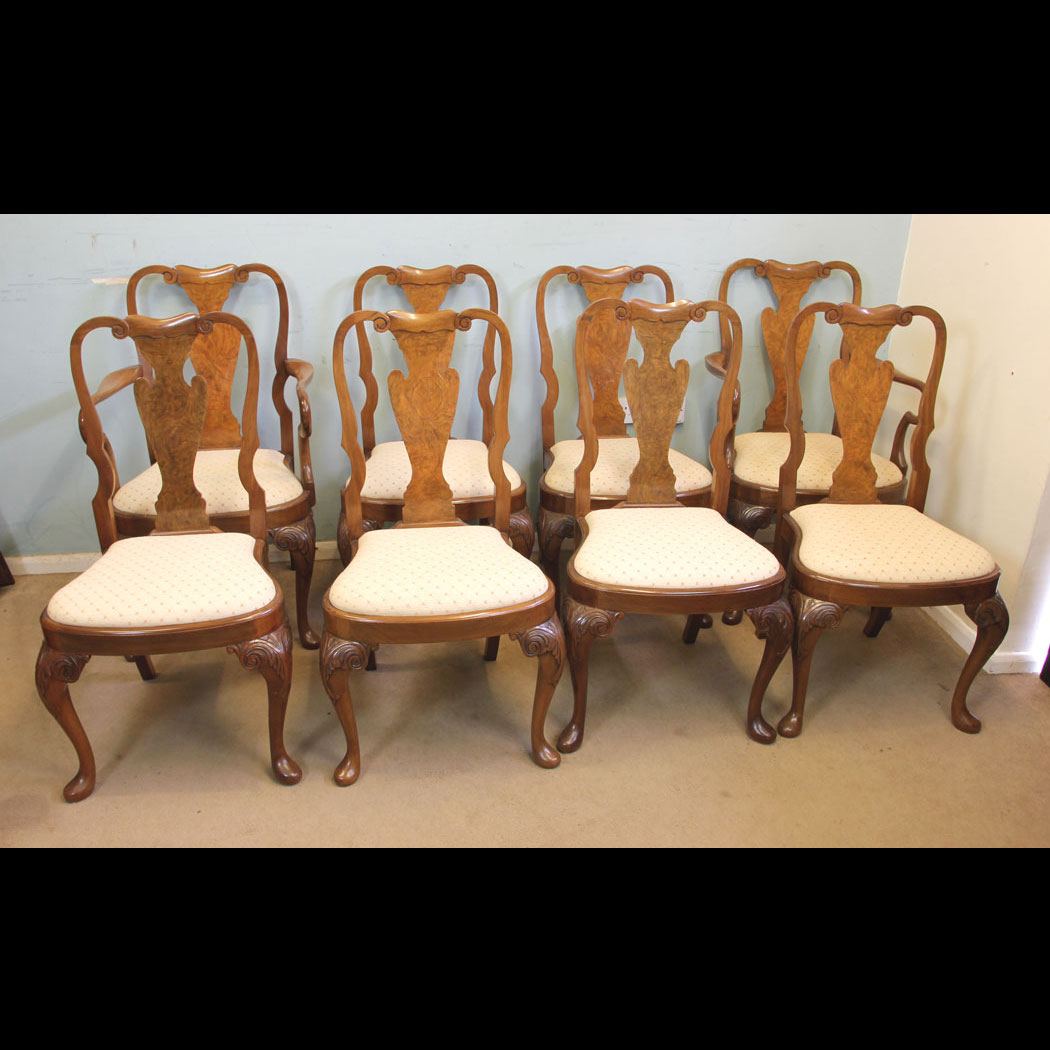Set Eight Antique Dining Chairs, Set of Eight Antique Queen Anne Style Walnut Dining Chairs