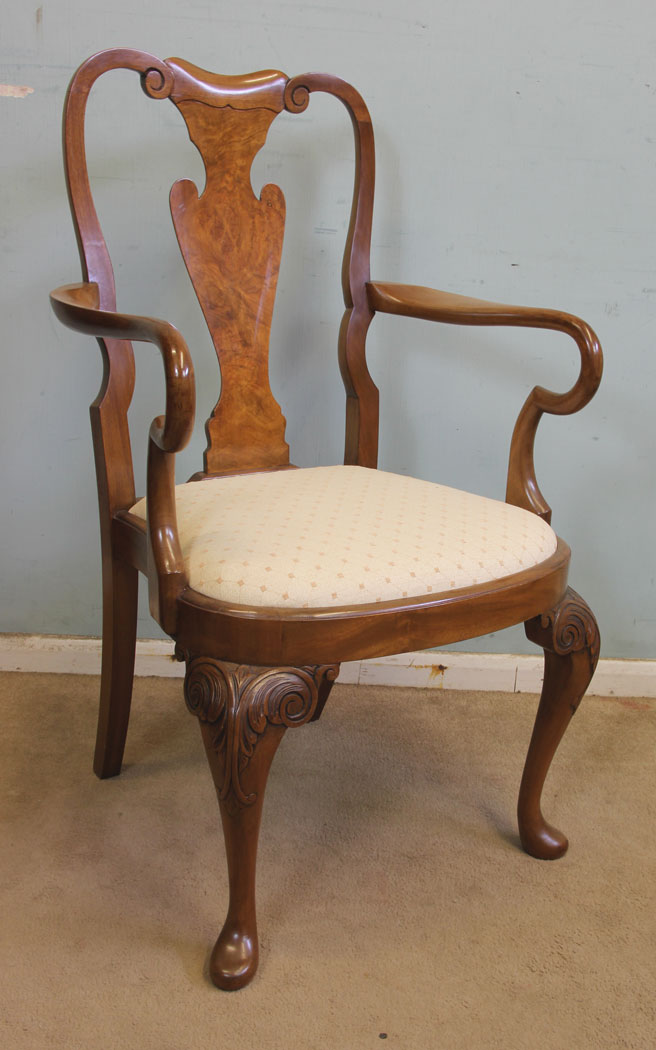 Set Eight Antique Walnut Dining Chairs, London, Set of Eight Antique Queen Anne Style Walnut Dining Chairs