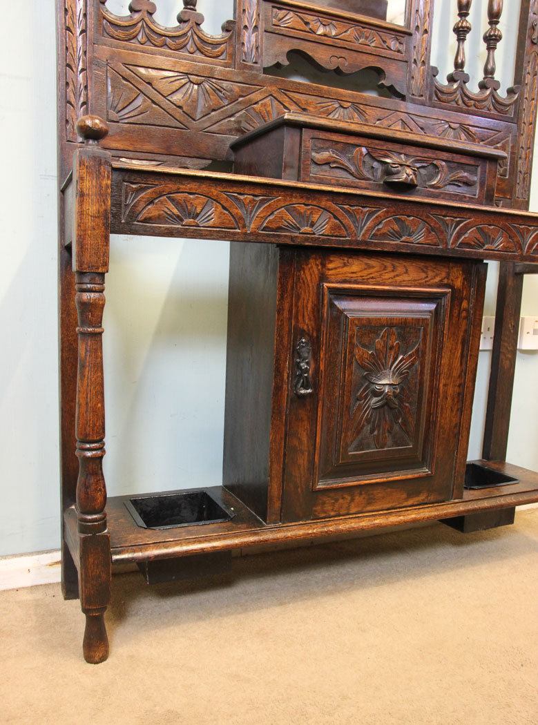 11173r12 Antique Hall Stand, Carved Oak, Antique Carved Oak Hall Stand
