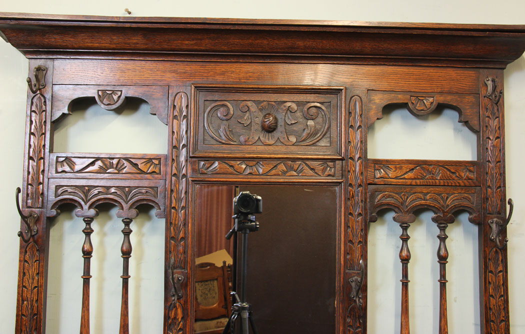 Antique 19th Century Carved Oak Hall Stand, Antique Carved Oak Hall Stand