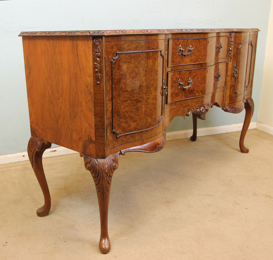 Antique Burr Walnut Sideboard, Queen Anne Style Burr Walnut Sideboard Server,