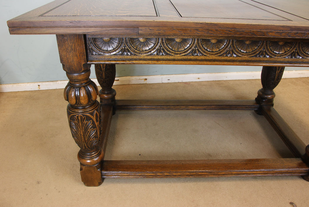 Antique Carved Oak Refectory Table, Antique Large Solid Oak Draw Leaf Refectory Dining Table