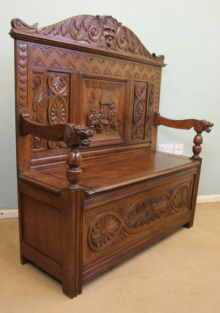 Antique Carved Oak Settle, Antique Green Man Carved Oak Settle / Hall Seat / Monks Bench