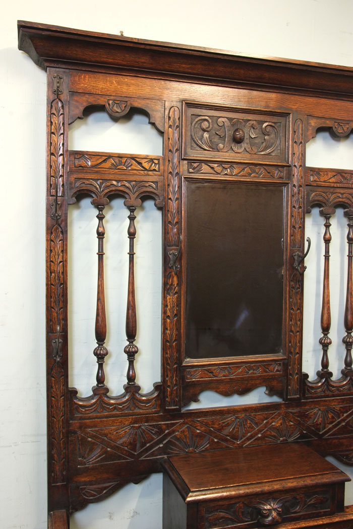 Antique Edwardian Carved Oak Hall Stand, Antique Carved Oak Hall Stand