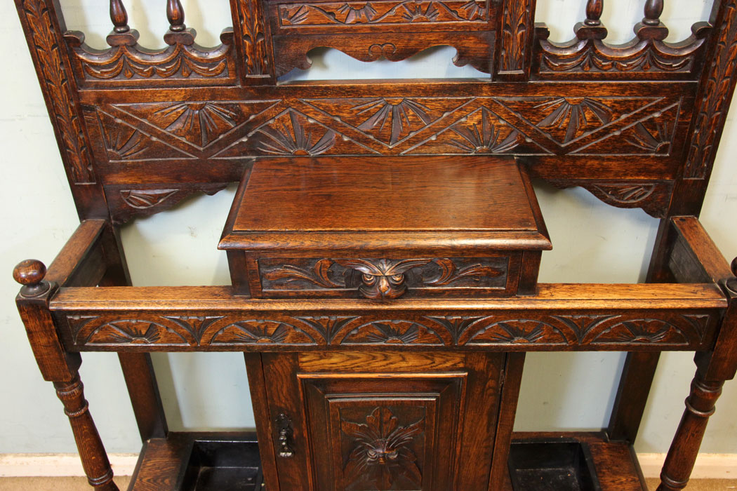 Antique Edwardian Hall Stand, Antique Carved Oak Hall Stand