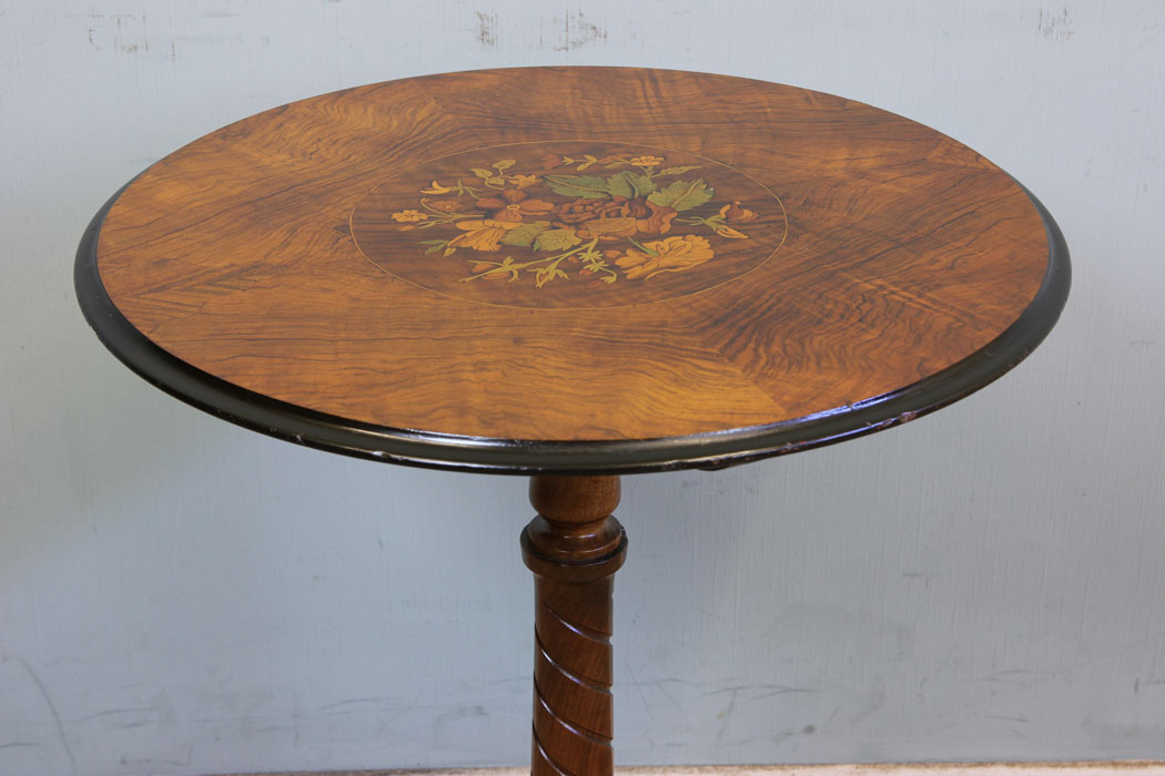 Antique Inlaid Marquetry Tripod Table, Antique Inlaid Marquetry Walnut Tripod Occasional Table