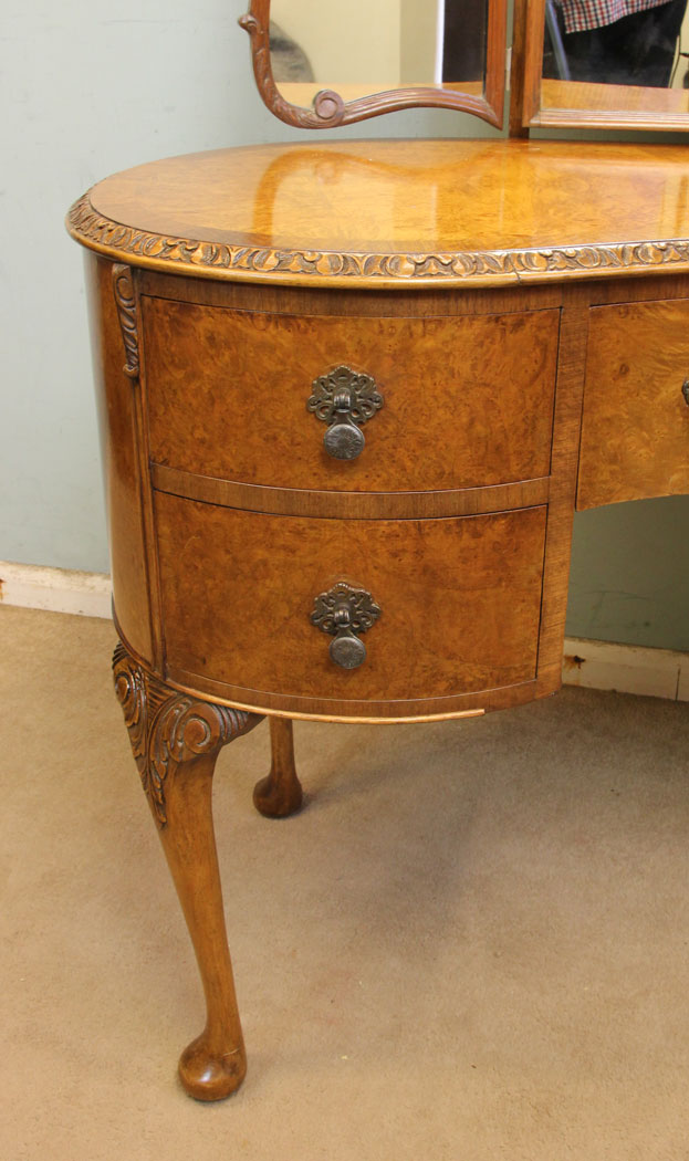 Antique Ladies Walnut Dressing Table, Antique Burr Walnut Triple Mirror Dressing Table