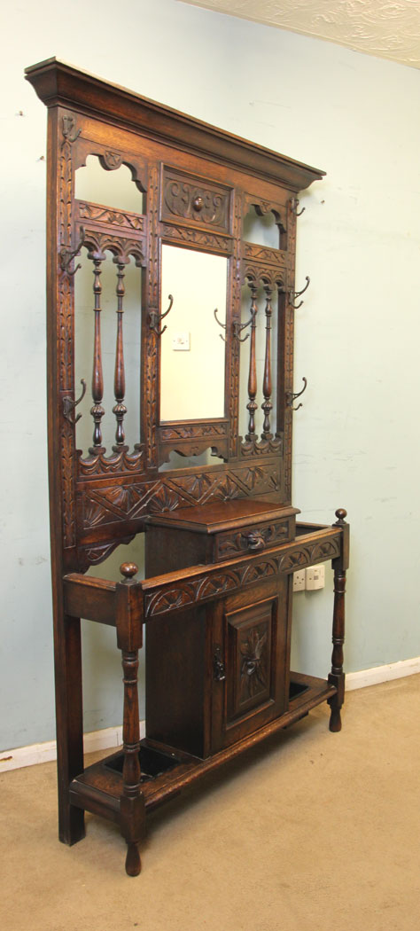 Antique Oak Hall Stand, Antique Carved Oak Hall Stand