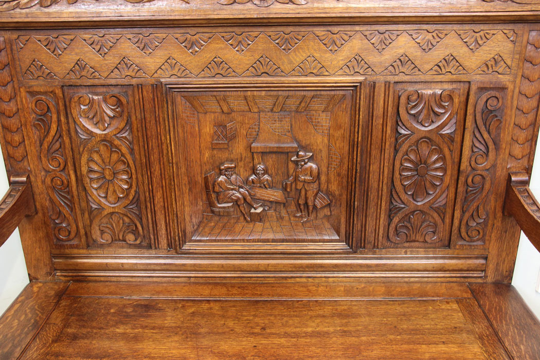 Antique Oak Settle, Antique Green Man Carved Oak Settle / Hall Seat / Monks Bench