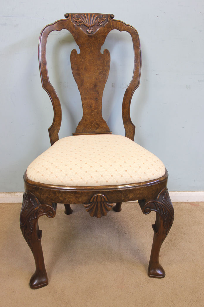 Antique Pair Walnut Side Chairs, London, Antique Matched Pair of Burr Walnut Side Chairs