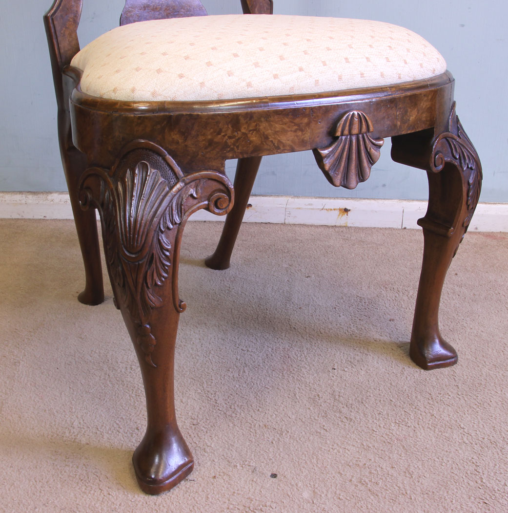 Antique Pair Walnut Side Hall Chairs, Antique Matched Pair of Burr Walnut Side Chairs
