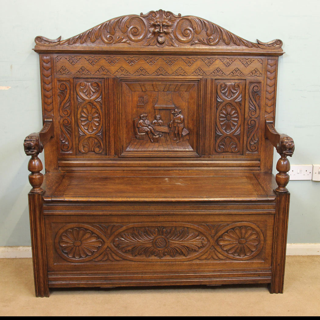 Antique Settle, Antique Green Man Carved Oak Settle / Hall Seat / Monks Bench