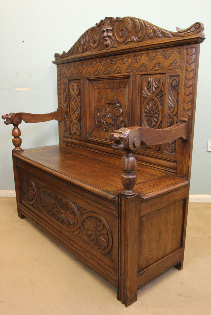 Antique Settle, London, Antique Green Man Carved Oak Settle / Hall Seat / Monks Bench