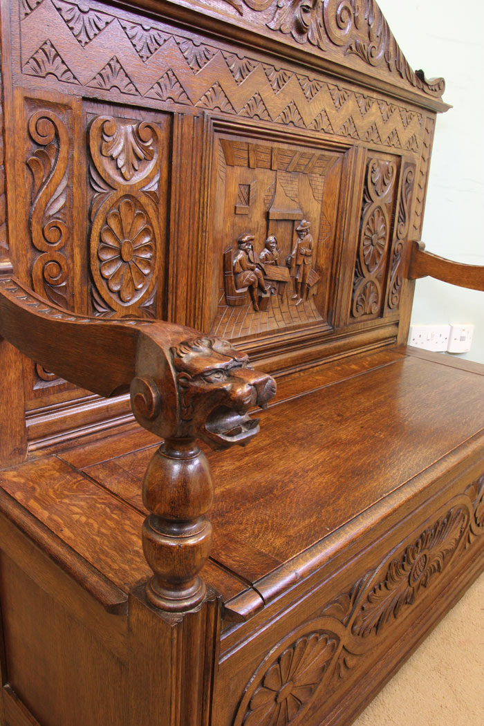 Antique Settle, Monks Bench, Antique Green Man Carved Oak Settle / Hall Seat / Monks Bench