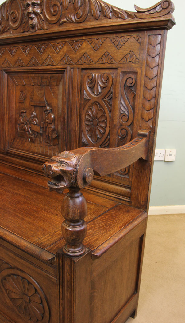 Antique Settle, Monks Bench Hall Seat, Antique Green Man Carved Oak Settle / Hall Seat / Monks Bench