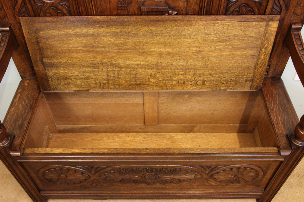 Antique Settle, Monks Bench Hall Seat, (2) Antique Green Man Carved Oak Settle / Hall Seat / Monks Bench