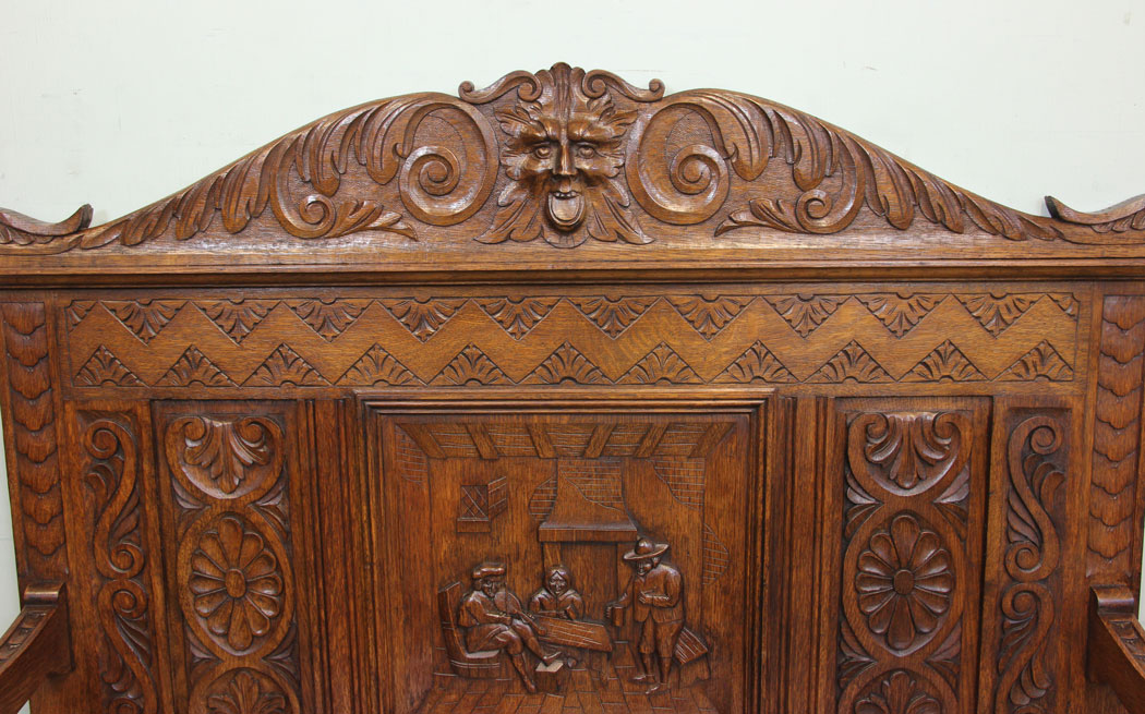 Antique Settle, Monks Bench Hall Seat, London, Antique Green Man Carved Oak Settle / Hall Seat / Monks Bench