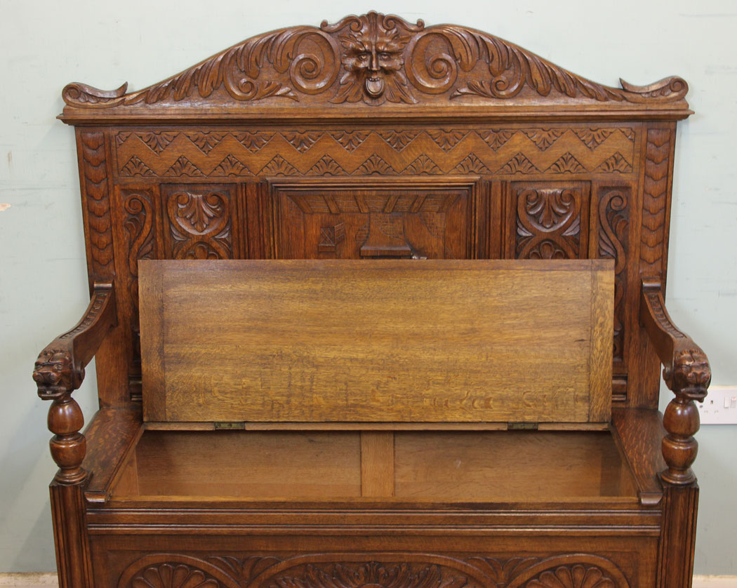 Antique Settle, Monks Bench Hall Seat, The Antique shop, Antique Green Man Carved Oak Settle / Hall Seat / Monks Bench