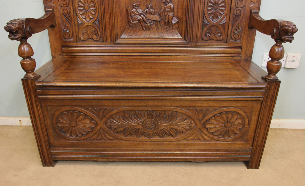 Antique Settle, Monks Bench Hall Seat, Antique Green Man Carved Oak Settle / Hall Seat / Monks Bench