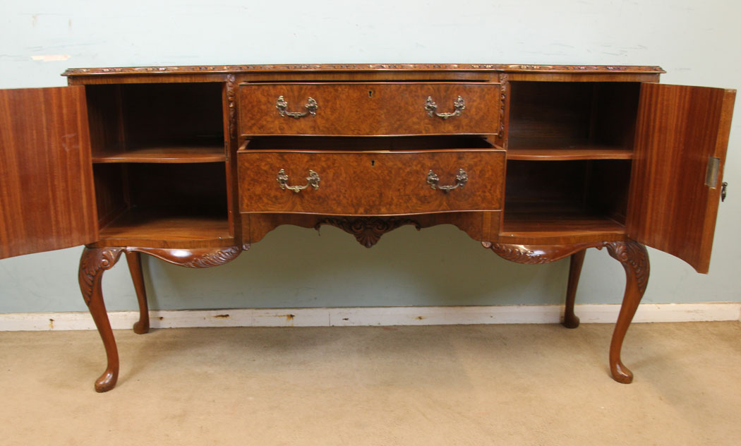 Antique Shaped Walnut Sideboard, Queen Anne Style Burr Walnut Sideboard Server,